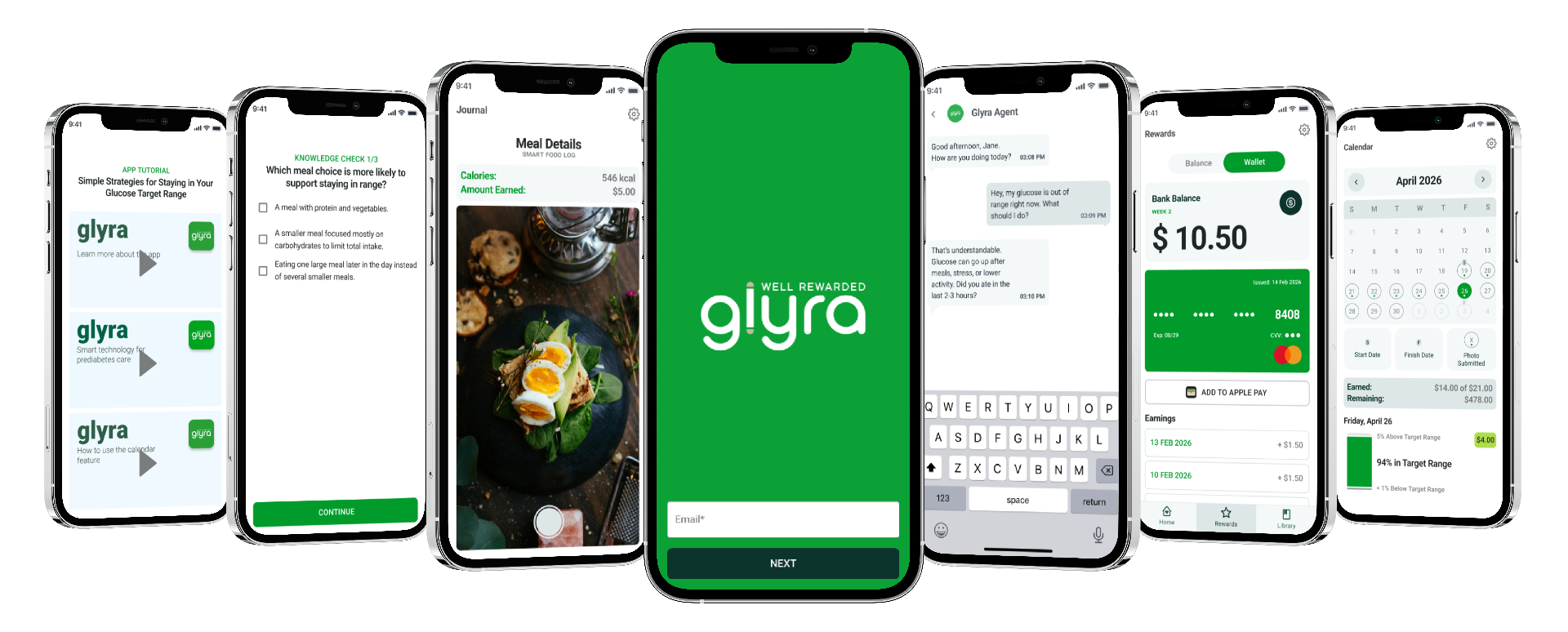 Glyra app shown on multiple phone screens showcasing tutorials, meal tracking, rewards, and chat features